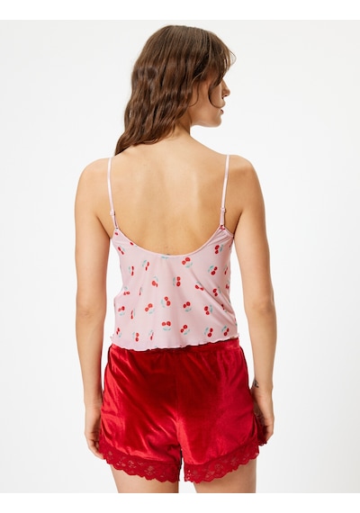 Koton Kiraz Baskılı Askılı Pijama Üstü Kalp Yaka Rahat Kalıp Pembe Desenli 4slk90022mk Pembe