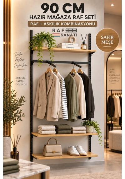 90 Cm Duvar Raf Askılık Sistemi 3 Raflı 200 Cm Konik Dikme Hazır Set Safir Meşe