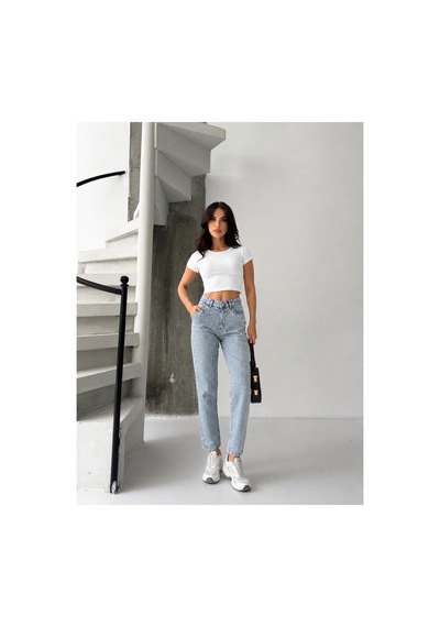 Kene Jeans Buz Kar Bacak Taşlı Mom Jeans Mavi