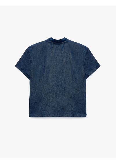 Koton Damla Pencere Detaylı Süslü Düğmeli Kapama Dik Yaka Kısa Kollu Denim Bluz Koyu İndigo 7wal30012md Dark Indigo