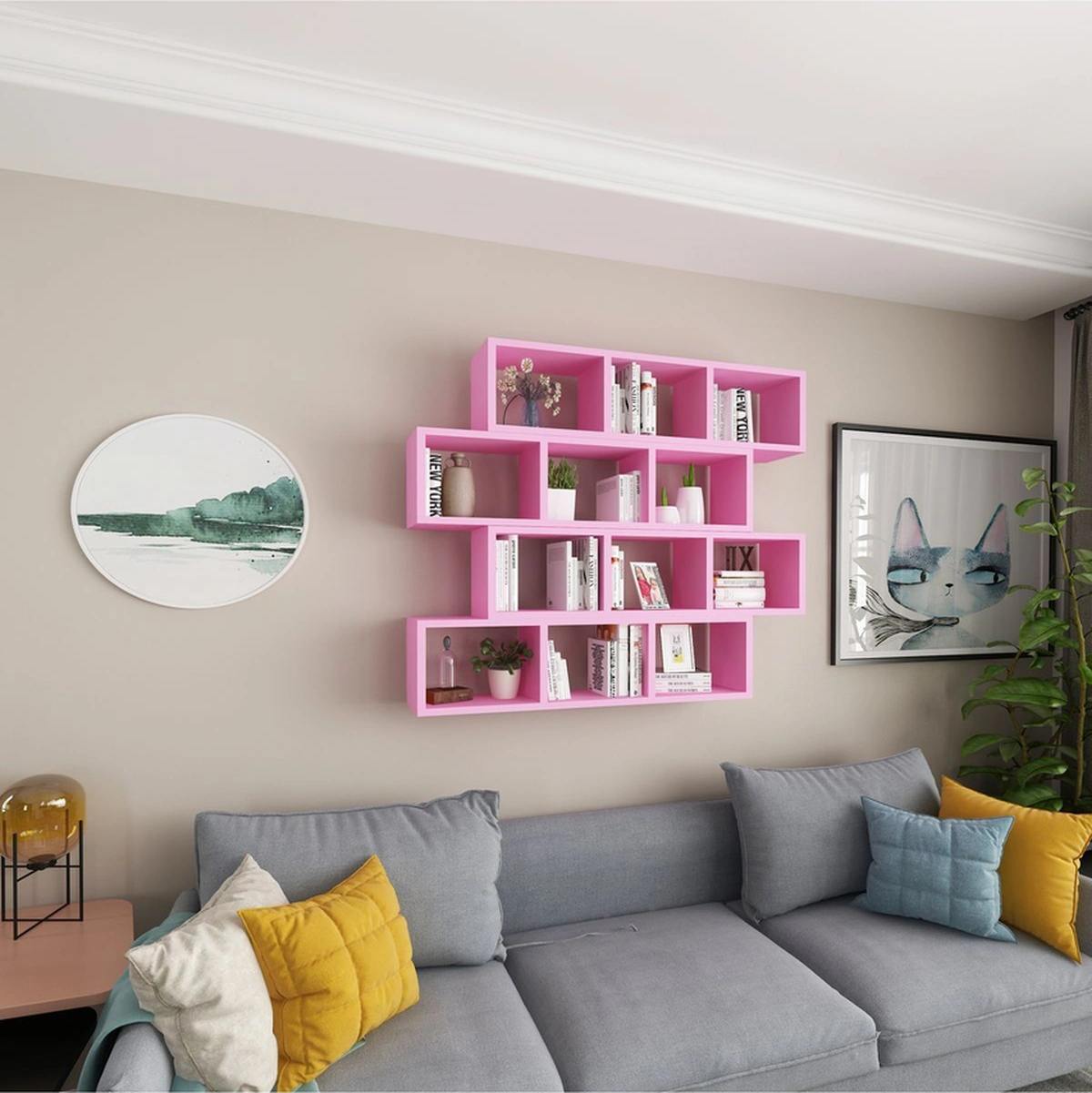 Kitaplık Modern Duvar Rafı Salon Yatay 4 Lü Takım Pembe Pembe