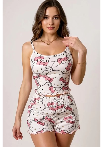 Hello Kitty Baskılı Askılı Şortlu Pijama Takımısaa Pembe