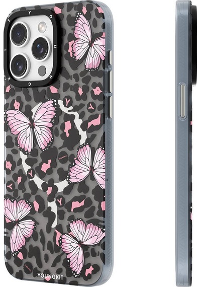 Apple Uyumlu iPhone 15 Pro Kılıf Magsafe Özellikli Kelebek Desenli Youngkit Shadow Dance Serisi Kapak Gri