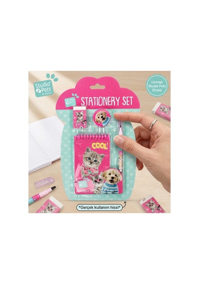Lisanslı Studio Pets 4 Parça Kırtasiye Seti Defter Kalem Silgi Kalemtıraş Kedi Köpek Desenli - 9009511936663
