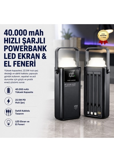 40.000 Mah Pd 22.5w 3.0 Hızlı Şarj Gerçek Taşınabilir Çoklu Kablolu İphone Android Uyumlu Powerbank-1205 BEYAZ