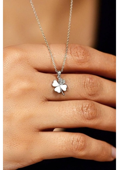 Roza Silver Zirkon Taşlı Rodyum Dört Yapraklı Yonca Gümüş Kolye