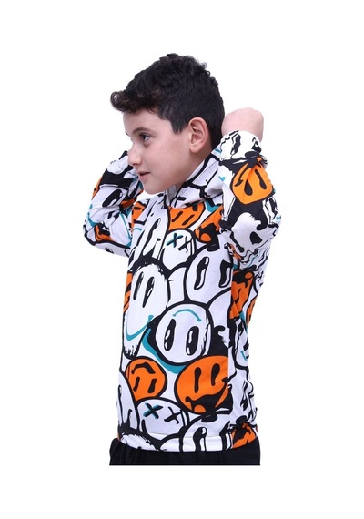 Fyk Kids Gülen Yüz Desenli Kapşonlu Unisex Sweatshirt Turuncu