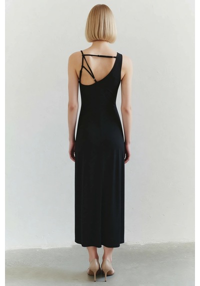Benerly Kadın Asimetrik Yaka Kolsuz Bodycon Kalıp Maxi Örme Elbise Modern Siyah