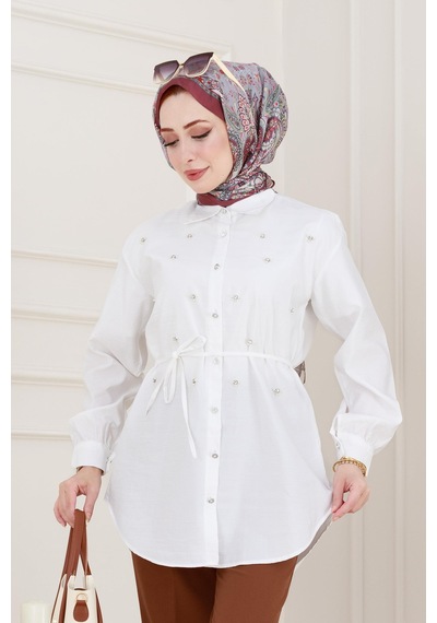Sevitli Monako Yaka Taşlı Tunik-beyaz-4966 Beyaz