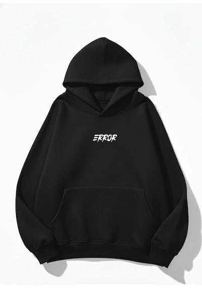 Uyguntarz Unisex Yumuşak Dokulu Error Baskılı Tasarım Oversize 3 İplik Hoodie Sweatshirt siyah
