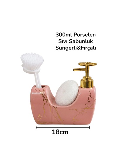 342 Pembe Mermer Desenli Porselen Sıvı Sabunluk Ve Fırçalı Gold Pompalı