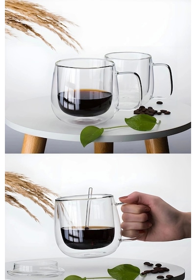 Çift Cidarlı Kupa Bardak 450 Ml Kahve Çay Fincanı Borosilikat Ev Ofis Espresso