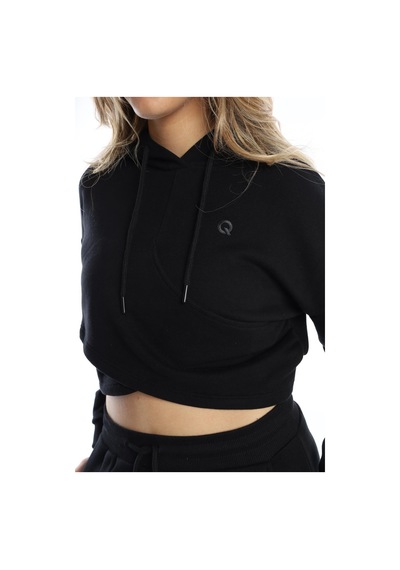 Kadın Kruvaze Detaylı Kapüşonlu Crop Sweat Siyah