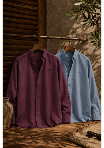 Respire Erkek Minimal Baskılı Oversize Dokulu Gömlek 2'li Set Mürdüm-bebe Mavi