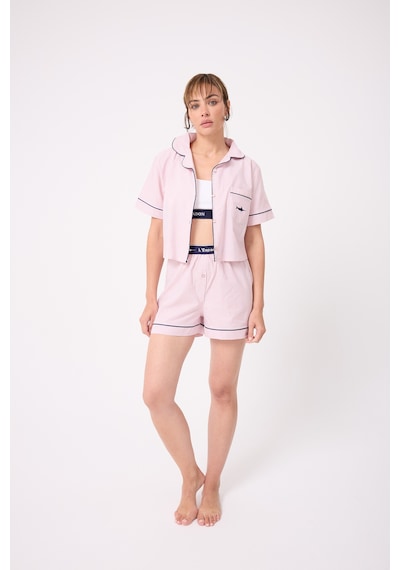 Lespadon Marısılk Kadın Yazlık Şortlu Crop Gömlekli Pijama & Lounge Takımı -3249 Pudra