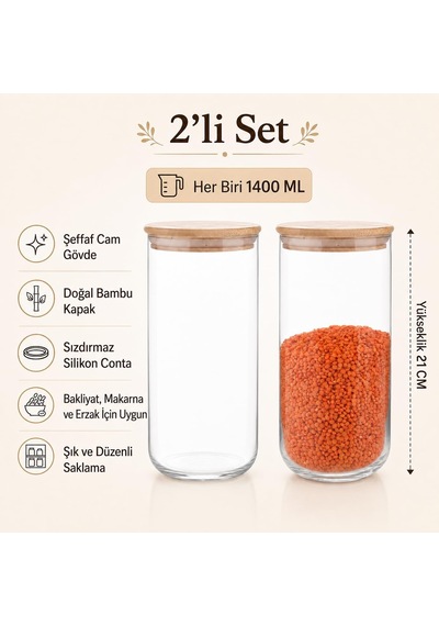 Tr 2'li Bambu Kapaklı Cam Saklama Kavanozu Seti 1400 Ml, Sızdırmaz Silikon Contalı Şeffaf Erzak Kabı, Makarna Bakl Genel