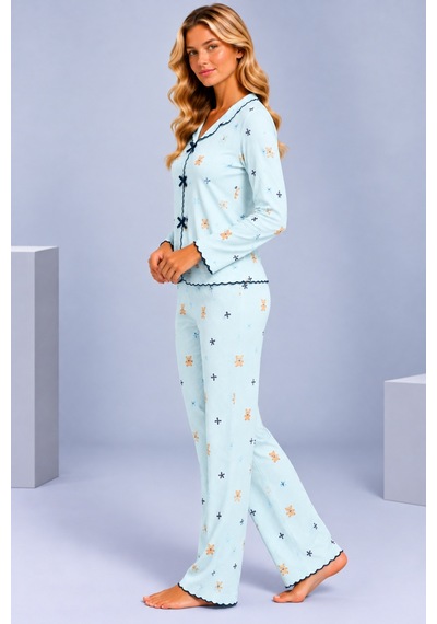Pijamask Kadın Desenli Fiyonk Detaylı Düğmeli Uzun Kollu Müslin Pijama Takımı Mavi-19