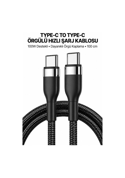 100 W Type C To Type C Hızlı Şarj Kablosu Örgülü Kablo 100 Cm Siyah