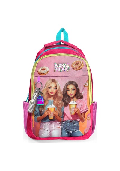 Kids Pembe Neon Mercan Fashion Girl Desenli Üç Bölmeli Okul Sırt Çantası 23669