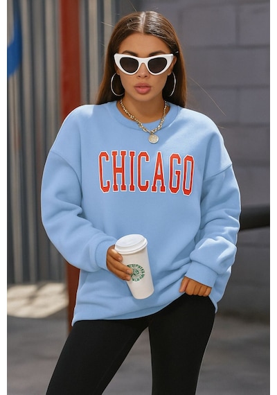 Benroma 3 İplik Penye Chıcago Baskılı Unisex Sweatshırt Bebe Mavisi