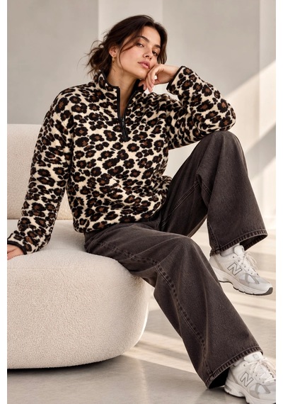 Bbbutikbasic Dik Yaka Yarım Fermuarlı Desenli Polar Sweatshirt My3535 Siyah Leopar
