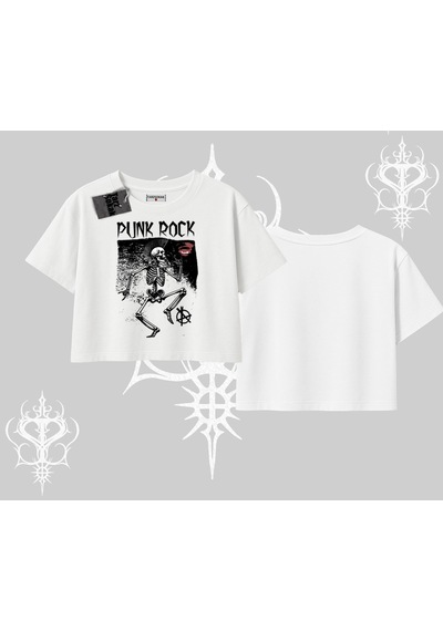 Tarzsokak Oversize Crop Tshirt Punk Rock Chaos Skeleton Riot Beyaz