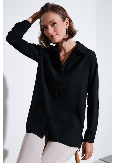 Lela Regular Fit Önü Kısa Arkası Uzun Düz Bayan Gömlek 611Go020 Siyah