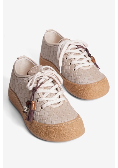 Mubiano Kadın Sneaker Örgü Desenli Boncuk Püskül Detaylı Besa Bej