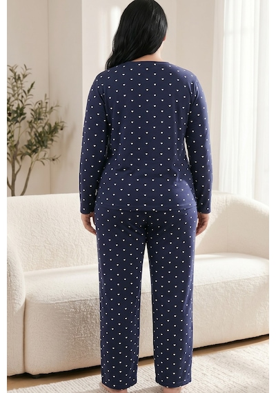 Siyah İnci Pamuklu Likralı Büyük Beden Battal Boy Örme Pijama Takım 26240875 Lacivert