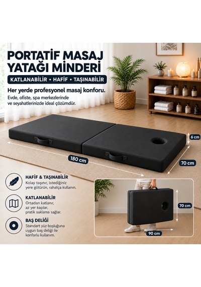 Masaj Yatağı Portatif Katlanabilir Masaj Yatağı Minderi 6 Cm Sünger 180x70 Cm Siyah