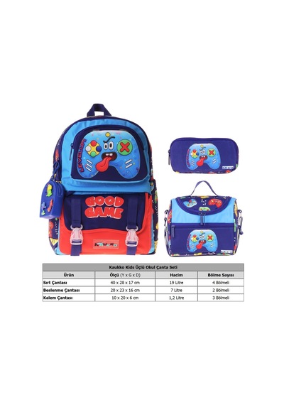 Kaukko Kids Good Game Lacivert - Kırmızı Renk Erkek Çocuk Üçlü İlkokul Okul Çantası Seti/takımı - Setkk-l5389a Çok Renkli