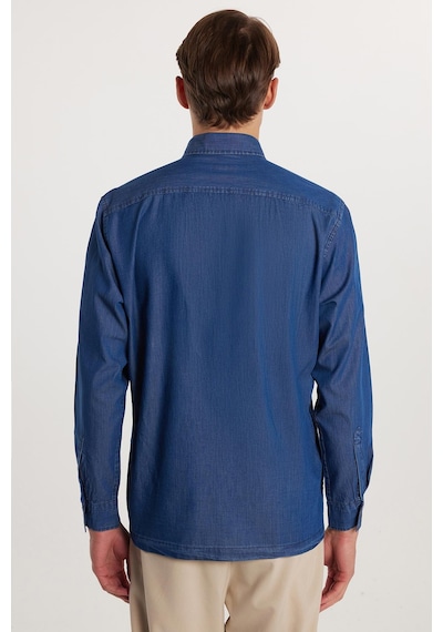 Tudors Regular Fit Rahat Kesim Cepli Denim Düğmeli Yaka Mavi Kot Gömlek-33297 Mavi