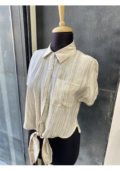 Pera Moda Önden Bağlamalı Keten Görünümlü Viskon Crop Gömlek Taş