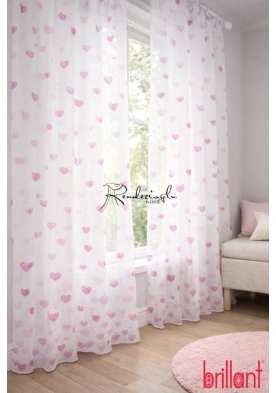 Tül Perde Kalp Motifli Çocuk Odası Perdesi Örme Kumaş Brillant Markası Pembe