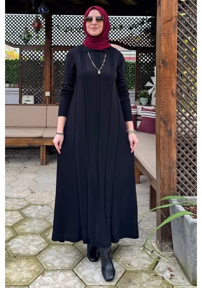 Rabia Şamlı Biricik Kemerli Triko Elbise Siyah Normal