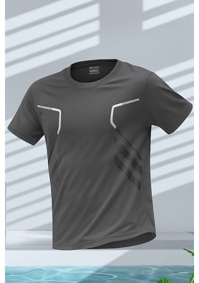 Genius Store Erkek Spor Tişört Antreman Gym Polyester Erkek Sporcu T-shirt Şeritli-tişört Füme