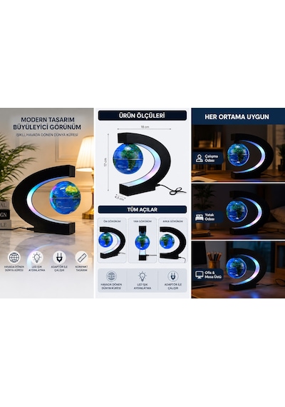 Led Işıklı Manyetik Havada Dönen Dünya Küresi Dekoratif Masa Lambası Globe Biblo 17 Cm