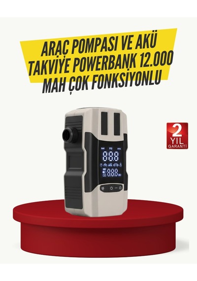Araç Lastik Şişirme Pompası Ve Akü Takviye Powerbank Bir Arada Çok Renkli