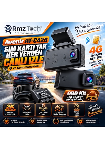 Avenir Av-c426 6mp 4g Sım Kartlı Araç Kamerası Çift Kamera Gps Konum Takip Canlı İzleme G-sensör Obd