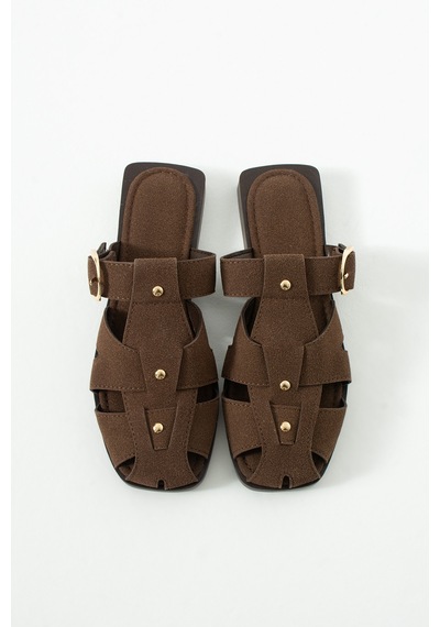 Duxal Shoes Fabian Kadın Camel Süet Kafesli Sandalet Terlik Toka Detaylı Acıkahve