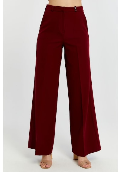 Bolivente Bordo Palazzo Geniş Paça Dokuma Kumaş Pantolon Bordo
