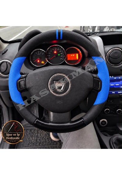 Dacia Stepway Dikme Direksiyon Kılıfı Delikli Deri Parlak Siyah Mavi Detay Çift Yüzük Ve Dikiş 2012-2016