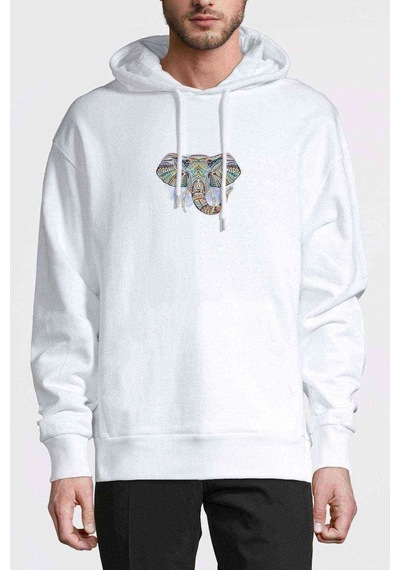 Boho Elephants Baskılı Beyaz Erkek Örme Kapşonlu Sweatshirt