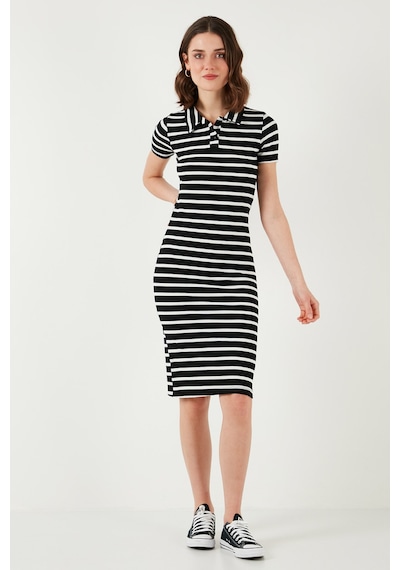 Lela Streç Slim Fit Düğmeli Polo Yaka Kısa Kollu Mini Boy Çizgili Elbise Bayan Elbise 5866167 Siyah-beyaz Beyaz - Siyah