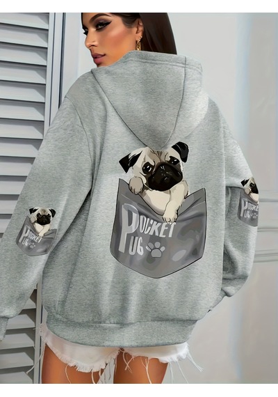 Startmore Startmorecep Pug Kapüşonlu Üstleri Kadınlar Karikatür Köpek Baskılı Büyük Beden Cepli Kapüşonlu Üst Kı Gri