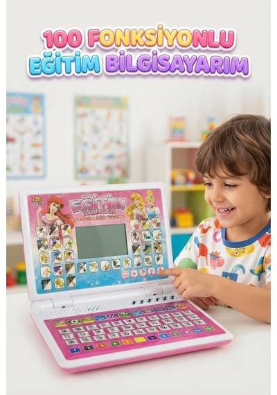 2'si 1 Arada 100 Fonksiyonlu Prenses Tasarımlı Pembe Türkçe Eğitici Oyuncak Laptop