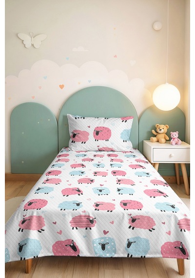 Evimde Bambaşka Pembe Mavi Kuzu Çocuk Odası Dekoratif Pike Takımı-sevimli Pudra Bebek Odası Yatak Örtüsü-160x220  CM