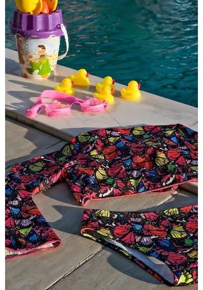 Mayom Kız Çocuk Kelebek Desenli Pareolu Bikini Takımı 3'lü Set-siyah-pembe Siyah - Pembe Mayom Kız Çocuk Kelebek Desenli Pareolu Bikini Takımı 3'lü Set-siyah-pembe Siyah - Pembe
