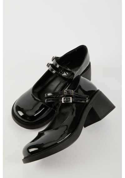 Selin Shoes Sandy Çift Bantlı Rugan Kadın Loafer- Siyah Rugan