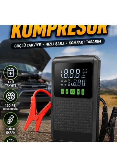 Taşınabilir Akü Takviye Cihazı 150 Psı Dijital Kompresör Ve Powerbank Özellikli
